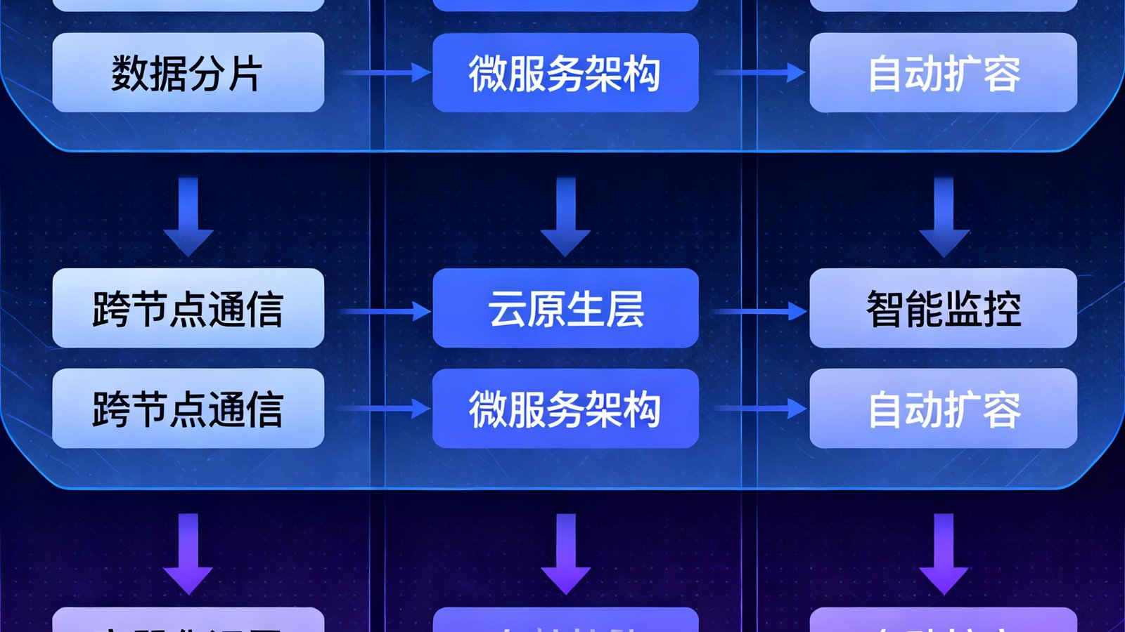 DB旗舰三位一体技术架构全景图，展示分布式层、云原生层与智能化运维层之间的数据流转和组件交互关系