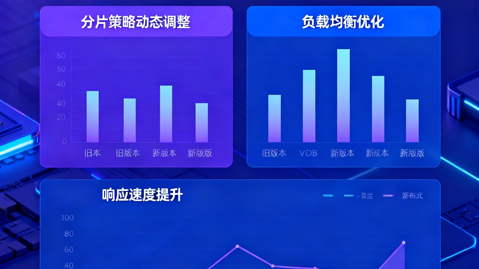 DB旗舰V7.2版本发布会的新闻配图，展示新版本智能自适应分片引擎的技术特性对比图表