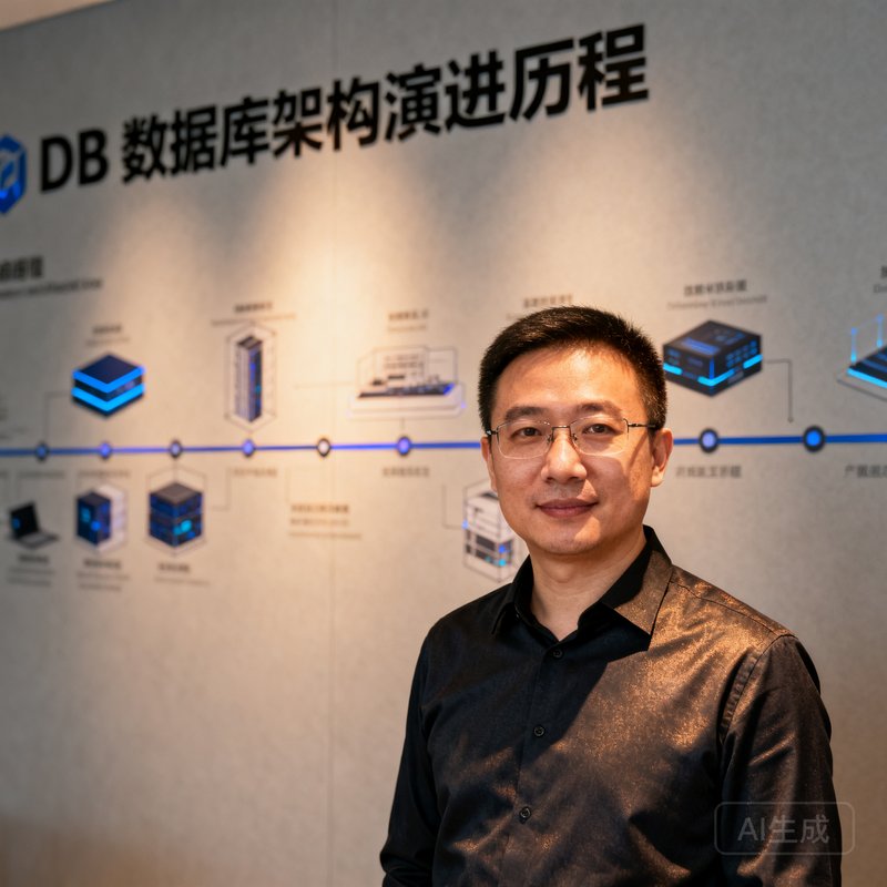 DB旗舰创始人兼CEO张伟的近照，身穿深色衬衫，站在公司技术展示墙前，墙上展示着数据库架构演进历程